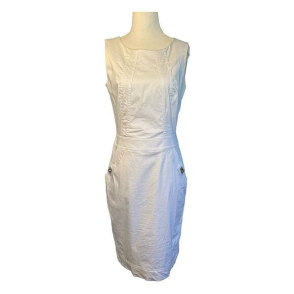 Calvin Klein Shift Dress White Cotton Twill Silver Accent Midi Sleeveless 4 - Picture 1 of 7